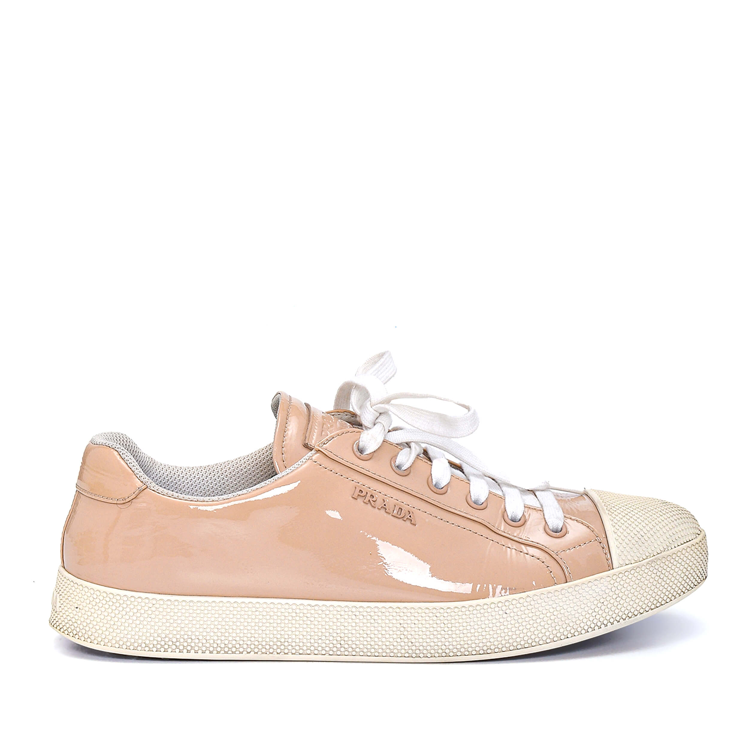 Prada - Beige Patent Leather Lace Up Sneakers